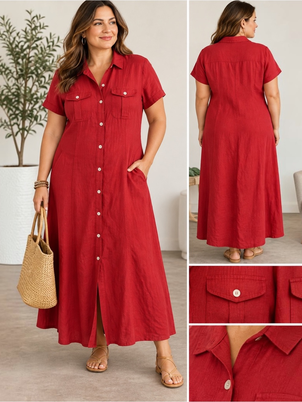 St Johns Bay Red Linen Rayon Maxi Shirt Dress 16W Button Front Plus Size